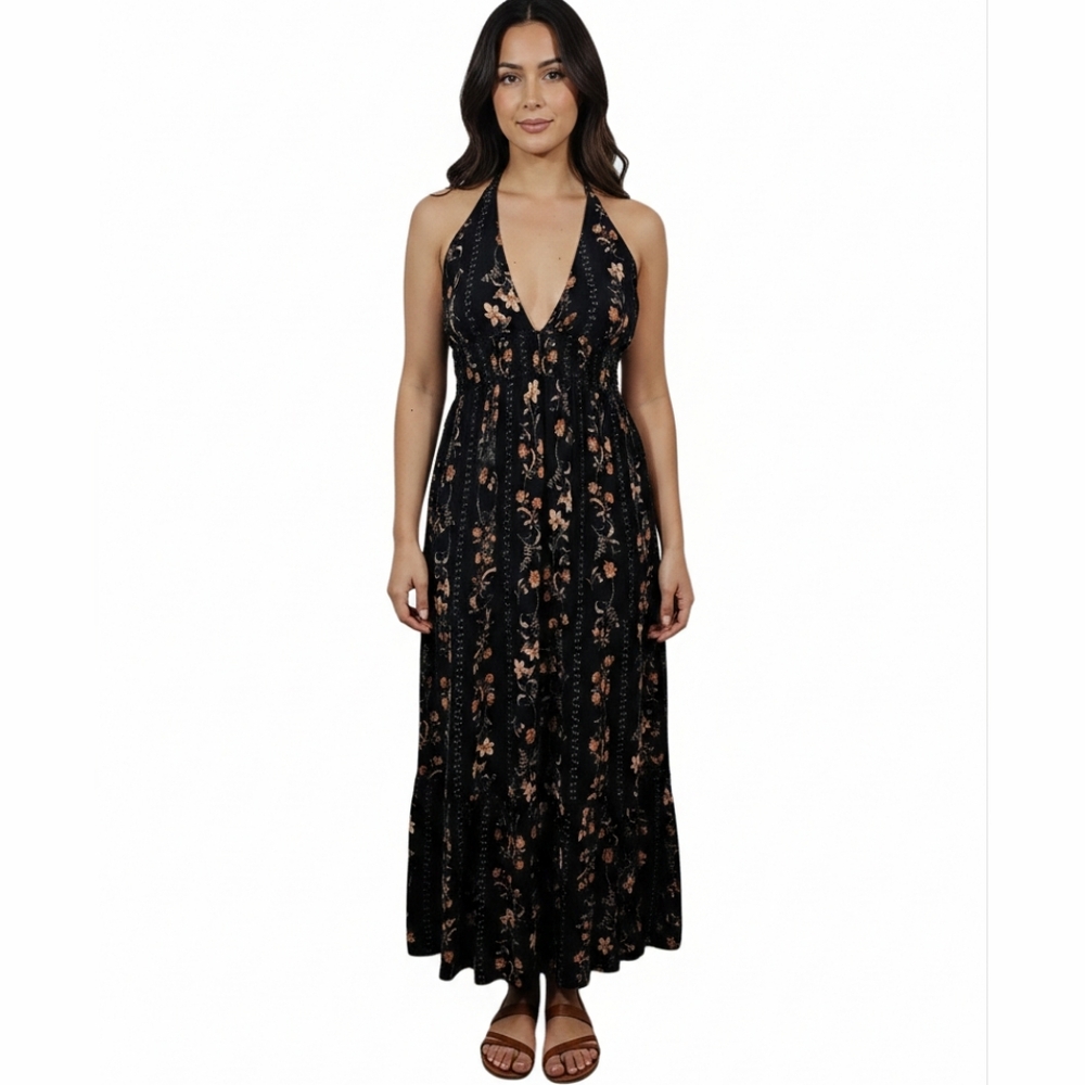 Shop Neighbor By In the Beginning Black Orange Floral Halter Maxi Dress Boho M